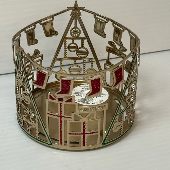 Bath & Body Works 3-Wick Metal Gold Candle Holder Christmas Trees Stockings - Picture 3 of 5